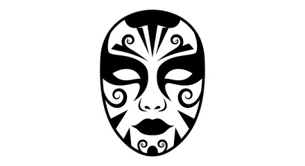 Ornate black and white mask, stylized face, cultural design, theatrical.