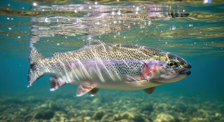 Rainbow trout swims beneath surface with visible bubbles and rocky seabed