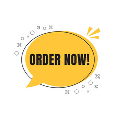 Order Now chat bubble badge icon. Shopping sale labels and quality tags. Promotional banner template for shop offers. Special discount, buy now, sale, promotion, Black Friday. Vector design.