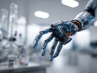 Robotic Hand Reaching Out in a Modern Laboratory Setting with Advanced Technology