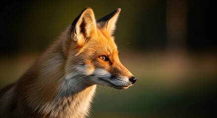 Fototapeta premium Red fox portrait, side view, golden light, dark background, keen gaze, detailed fur