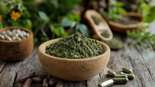 Green powder herbal supplement and organic alternative medicine with natural capsules, tablets, and fresh leaves in rustic wooden bowl, showcasing holistic wellness and healthy lifestyle benefits