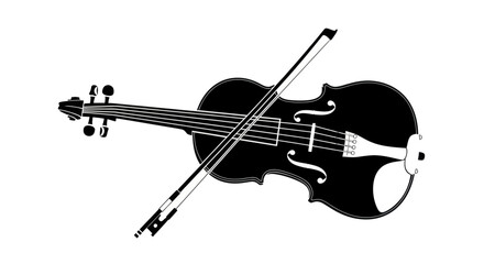 Black and white illustration of a violin and bow, classic musical instrument. © mbak