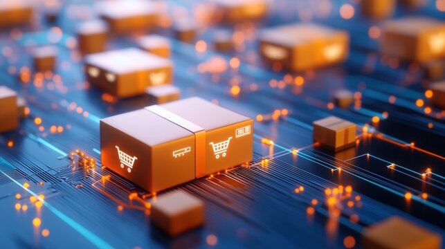 A visually striking representation of digital shopping boxes, symbolizing e-commerce and delivery in a tech-driven environment.
