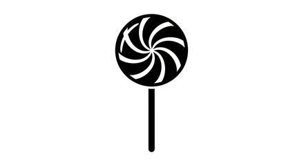 Black and white icon of a classic swirl lollipop on a stick, representing sweetness and candy.