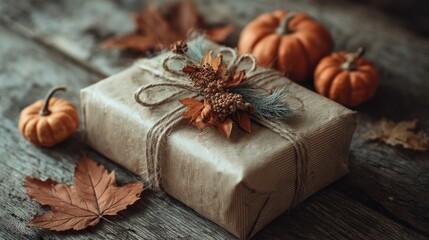 Autumnal gift wrapped in kraft paper, decorated with fall foliage and pumpkins
