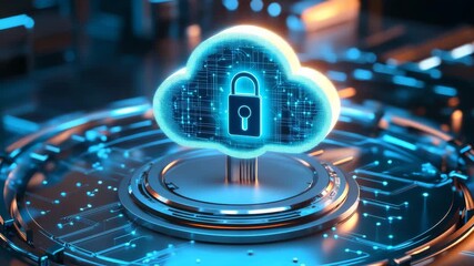 Cloud security digital lock data protection futuristic technology glowing blue circuit cyber defense secure network encryption innovation virtual storage modern server safety concept emphasizing data - Powered by Adobe