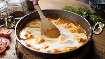 Rich Creamy Paneer Makhani Preparation Close Up in Copper Pan with Fresh Ingredients on Wooden Table Emphasizing Culinary Warmth and Delicious Flavors Perfect for Food Ads National Day Promotion