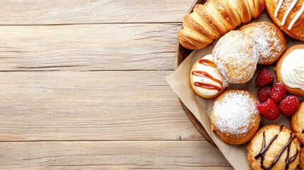 A tray of assorted pastries, cozy cafe setting, warm tones, copy space at the top.