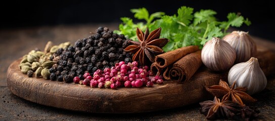 Assorted spices and herbs on a wooden board
