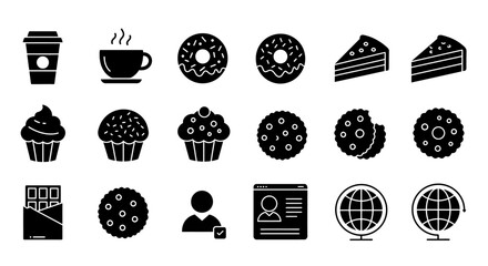 A collection of black glyph icons depicting coffee, various desserts, user profiles, and globes against a white background.