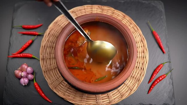 Sri Lankan Fish Ambul Thiyal in Clay Pot with Spicy Red Chilies and Shallots Served with a Silver Spoon Overhead Still Life Arrangement on Dark Slate Surface Representing Authentic Asian Cuisine
