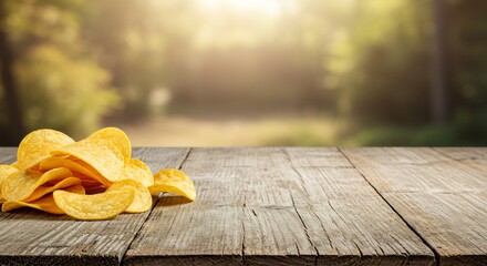 A pile of golden potato chips rests on a rustic wooden table