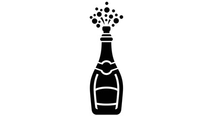 A black silhouette icon of a champagne bottle popping open with a festive spray of bubbles.