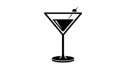 A stylized black and white illustration of a martini glass filled with a dark liquid and garnished with an olive on a pick.