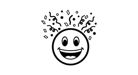 A black and white illustration of a smiling face with confetti, representing joy and celebration.