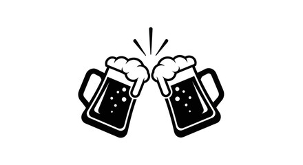 Two beer mugs clinking together in a celebratory toast, black and white graphic.