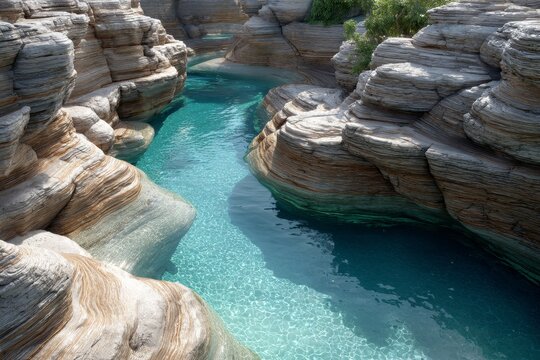 Clear turquoise water flowing through rocky formations in a natural setting - Powered by Adobe