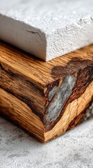 Wooden cutting board atop white slab