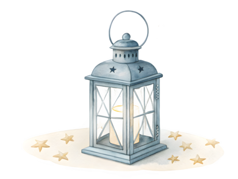 Vintage lantern with star decoration on a starry cloth