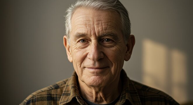 Close-up Portrait of Smiling Elderly Man with Gray Hair
