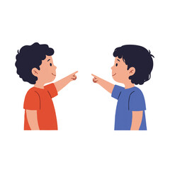 Fototapeta premium Two curious children in a minimalist 2D flat vector illustration pointing with shared interest and discovery, isolated on a clean white background.