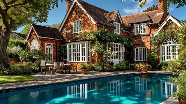 Luxury red brick home with a pool on a sunny day. Serene and inviting.
