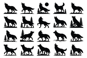 Vector art of set of howling wolf silhouettes, wild animal vector illustration for logo, tattoo, design element, and graphic resource