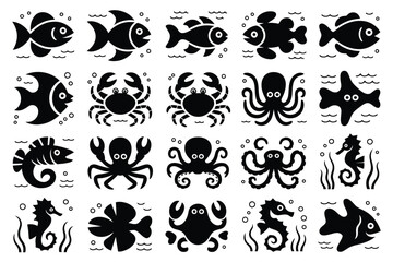 Vector art of collection of marine animal silhouettes featuring fish, crabs, octopus, starfish, and seahorse, perfect for ocean themed designs