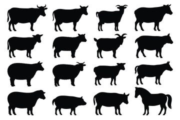 Vector art of silhouettes of farm animals cow, sheep, goat, pig and horse in black color for agricultural design concepts