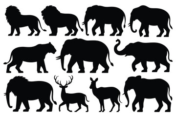 Vector art of silhouettes of african animals lion, elephant, and deer in various poses, standing, walking, and posing