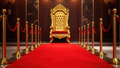 Golden throne awaits on a red carpet, flanked by stanchions.