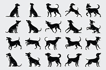 Vector art of collection of dog silhouettes in various poses, , showcasing different breeds and actions in vector format