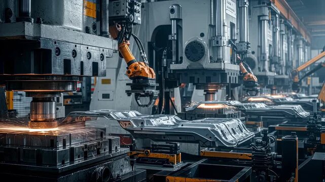 Dynamic image of sheet metal stamping press line crafting complex structural components for electric vehicle bodies.