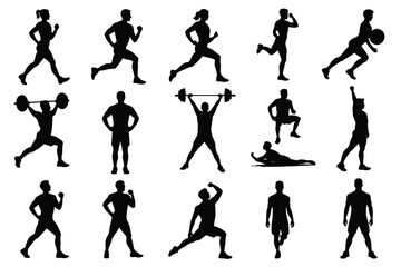 Vector art of fitness and sport silhouettes, featuring man and woman exercising, running, and weightlifting for a healthy lifestyle
