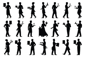 Vector art of set of waiter and waitress silhouettes carrying trays with food and drinks for restaurant and hospitality concepts