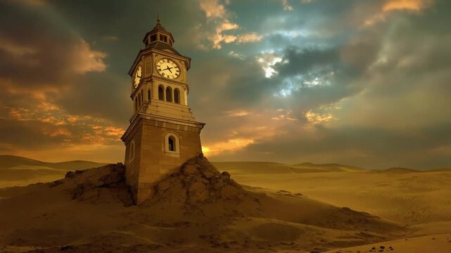Desolate desert landscape with old clock tower