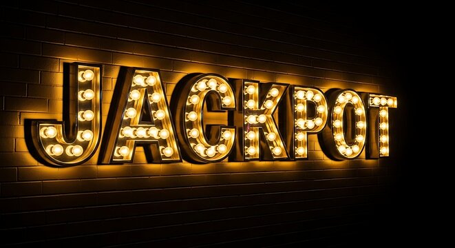 Illuminated Jackpot Sign on Dark Background.