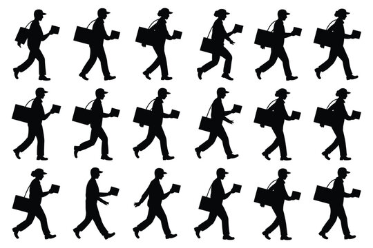 Vector art of set of mailman silhouette vector illustrations for postal service, delivery, or courier concepts