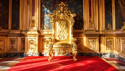 Ornate golden throne sits on a red carpet in a regal room.