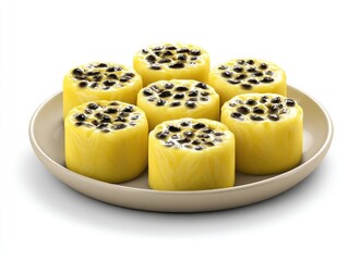 Pale yellow cylinders, topped with black seeds, on a light beige plate