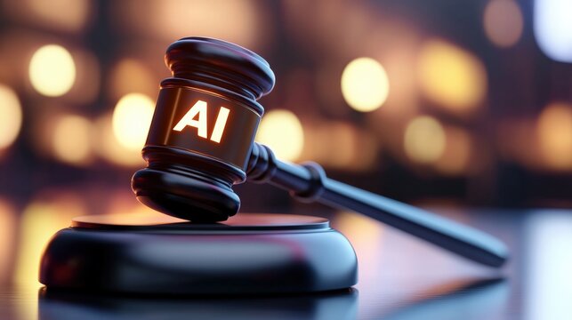 A gavel with "AI" engraved on it, symbolizing the intersection of artificial intelligence and law, against a blurred background.