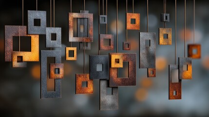 Rusty square metal shapes hanging, abstract design