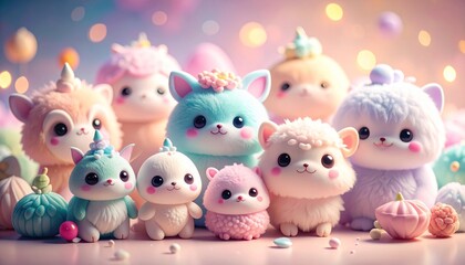 Obraz premium A Whimsical Gathering of Fluffy Pastel Kawaii Creatures in a Dreamy Bokeh Wonderland.