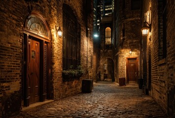 Fototapeta premium Dimly lit narrow alleyway with old brick walls and vintage street lamps at night