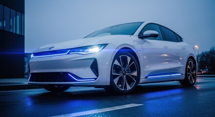 Obraz premium Sleek white electric car with neon blue accents parked on a wet street