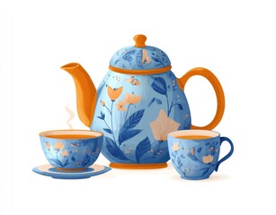 Floral tea set, orange & blue, vintage style