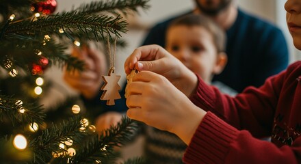 Children’s hands hanging a wooden ornament on a Christmas tree with warm fairy lights; selective focus and cozy home atmosphere conveying family tradition and holiday magic