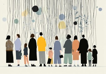 Crowd gazing at hanging abstract elements