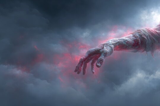 Giant hand reaching from stormy sky, fire-like glow